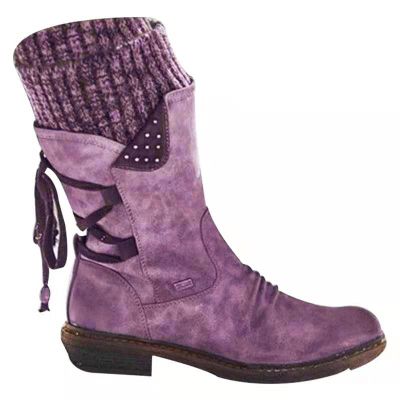 oiangi Womens Mid-calf Snow Boots Fashion Back Strap Woolen Yarn Elastic Round Toe Square Heel Slip-On Boots Winter Outdoor Warm Casual Shoes