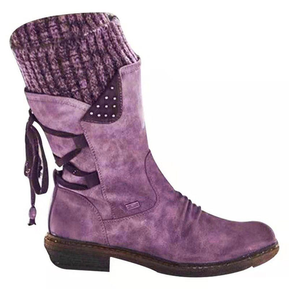oiangi Womens Mid-calf Snow Boots Fashion Back Strap Woolen Yarn Elastic Round Toe Square Heel Slip-On Boots Winter Outdoor Warm Casual Shoes