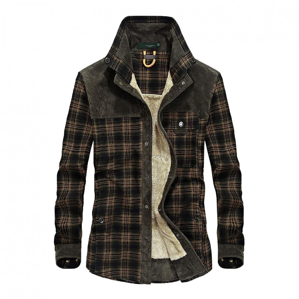 QWENTMTNTY Fleece Lined Flannel Shirt For Men with Snap Buttons No Hood Thermal Warm Thicken Stylish Cotton Lightweight Jackets Top