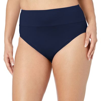 24th & Ocean Women's Standard Mid Waist Spliced Bikini Bottom Swimsuit, Midnight//Solid, L