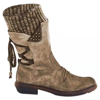 oiangi Womens Mid-calf Snow Boots Fashion Back Strap Woolen Yarn Elastic Round Toe Square Heel Slip-On Boots Winter Outdoor Warm Casual Shoes