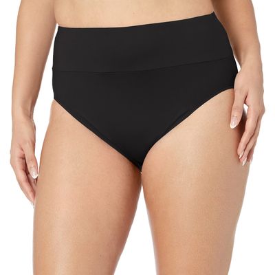 24th & Ocean Women's Standard Mid Waist Spliced Bikini Bottom Swimsuit, Black//Solid, XL