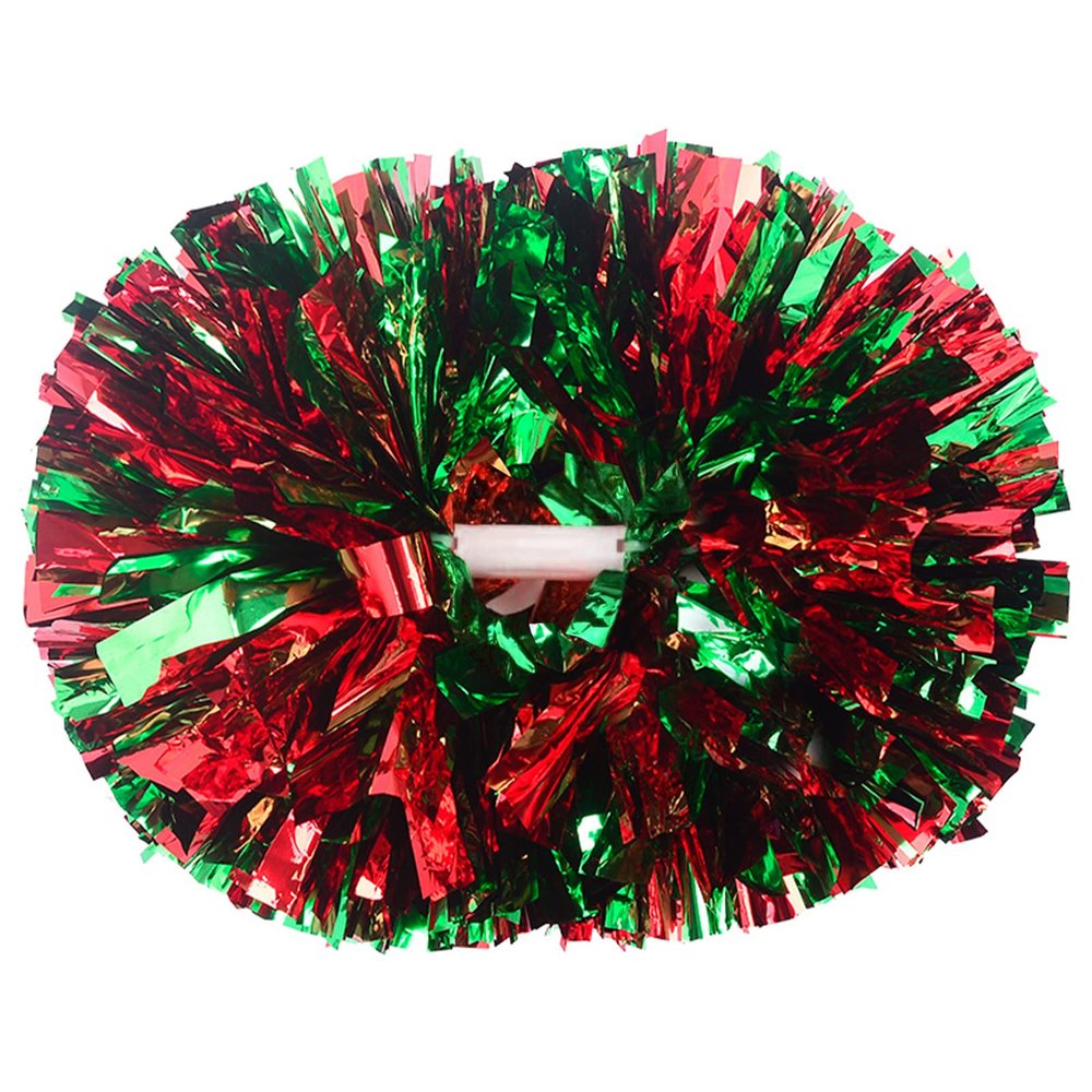 2 Pack Cheerleading Pom Poms with Handle, Metallic Foil Cheer Pom Poms, Cheerleader Pom Poms for Sports Party Dance Team Cheering Squad Spirit Kids Adult, Red and Green