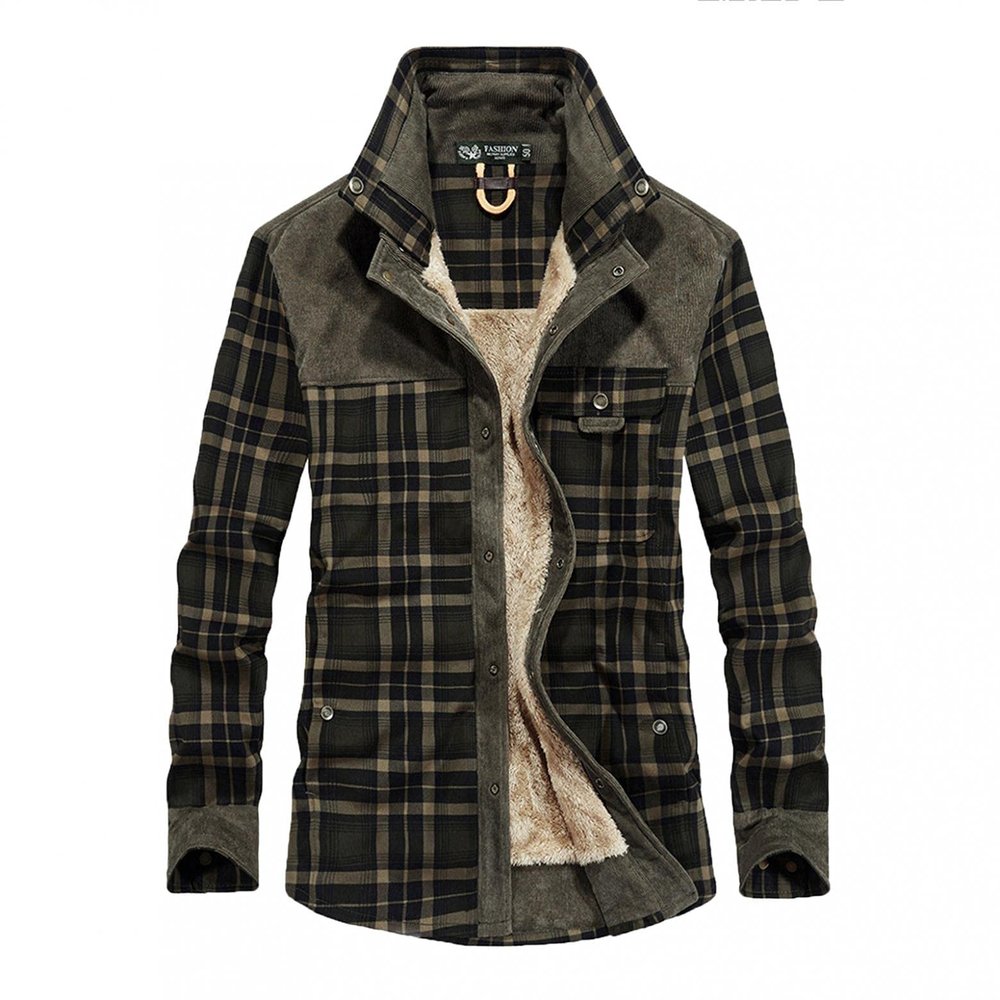 QWENTMTNTY Fleece Lined Flannel Shirt For Men with Snap Buttons No Hood Thermal Warm Thicken Stylish Cotton Lightweight Jackets Top