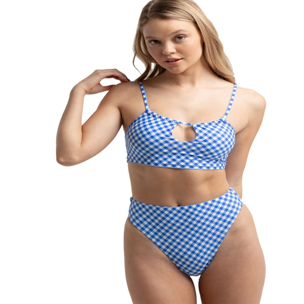 Hobie womens Hi Waist Swimsuit Bikini Bottoms, Sea Blue Check Me Out, Medium US
