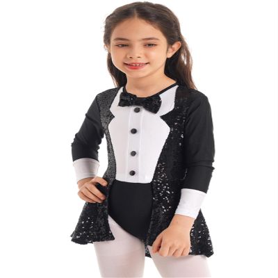 Moggemol Kids Girls Shiny Ballet Dance Dress Tutu Skirted Leotard Modern Jazz Latin Street Dancing Clothes Black,Long Sleeve 6