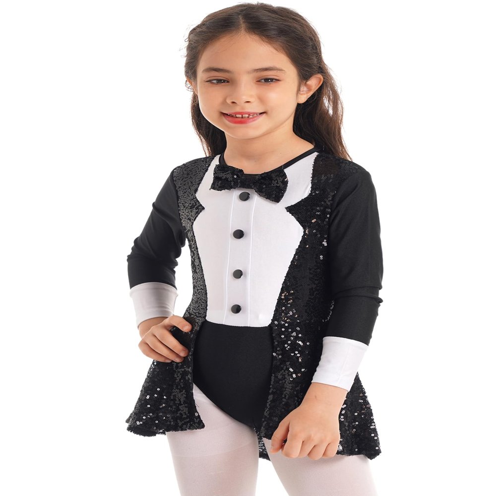 Moggemol Kids Girls Shiny Ballet Dance Dress Tutu Skirted Leotard Modern Jazz Latin Street Dancing Clothes Black,Long Sleeve 6