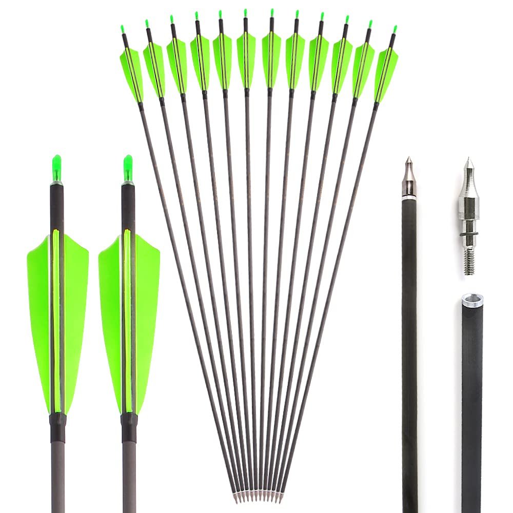 ZSHJGJR 34 Archery Carbon Arrows Hunting Arrows with 4 Turkey Feathers Targeting Practice Arrows Spine 400 for Compound & Recurve & Traditional Bow 6/12pcs (12pcs, Green)