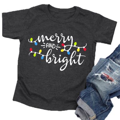Christmas Shirts Toddler Boy Girls Merry and Bright T-Shirt Christmas Lights Graphic Tees Holiday Tops Dark Grey