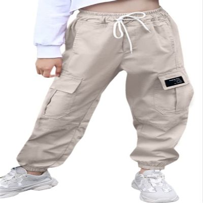 AOWKULAE Big Girls Pants, Drawstring Elastic Waist Lightweight Loose Tapered Cargo Jogger Pants with Multi Pockets for Girl, Beige, 9-10 Years = Tag 150