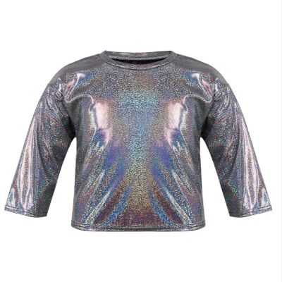 Aislor Girls Boys Shiny Metallic Tee Shirts Long Sleeve Loose Dance Top Performance Party Blouse Dancewear Clubwear Black 2-3 Years