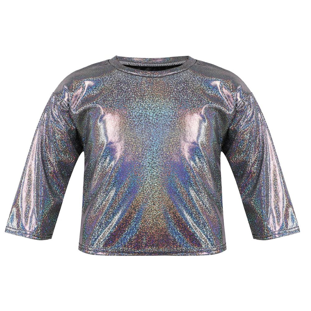 Aislor Girls Boys Shiny Metallic Tee Shirts Long Sleeve Loose Dance Top Performance Party Blouse Dancewear Clubwear Black 2-3 Years