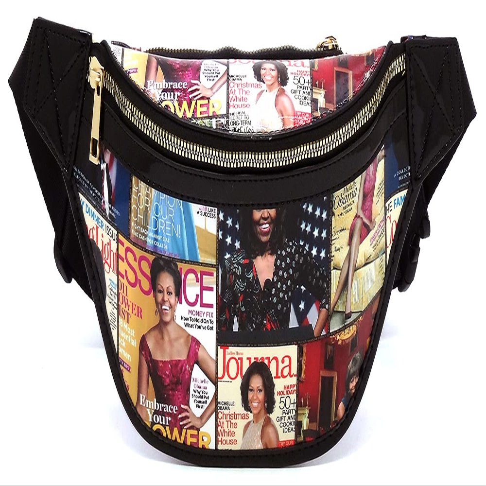 Glossy Magazine Cover Collage Michelle Obama and Barack Obama Fanny Pack Belt Bag Waist Pack Obama Purse (6-Multi/Black)