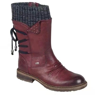 oiangi Womens Mid-calf Snow Boots Fashion Back Strap Woolen Yarn Elastic Round Toe Square Heel Slip-On Boots Winter Outdoor Warm Casual Shoes