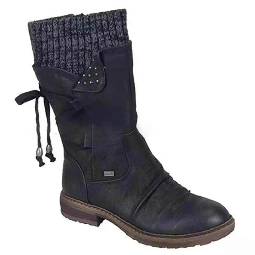 oiangi Womens Mid-calf Snow Boots Fashion Back Strap Woolen Yarn Elastic Round Toe Square Heel Slip-On Boots Winter Outdoor Warm Casual Shoes