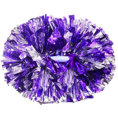 2 Pack Cheerleading Pom Poms with Handle, Metallic Foil Cheer Pom Poms, Cheerleader Pom Poms for Sports Party Dance Team Cheering Squad Spirit Kids Adult, Purple and Silver