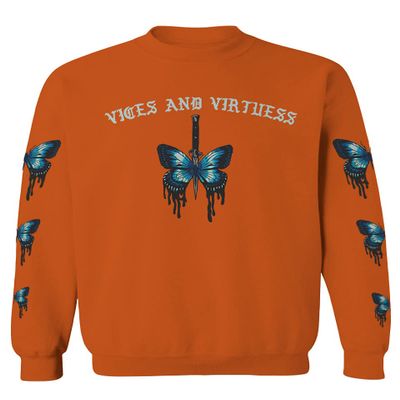 0415. Aesthetics Summer dope Print Blue Butterfly Knife Tattoo Streetwear Graphic Men's Crewneck Sweatshirt (Orange Medium)