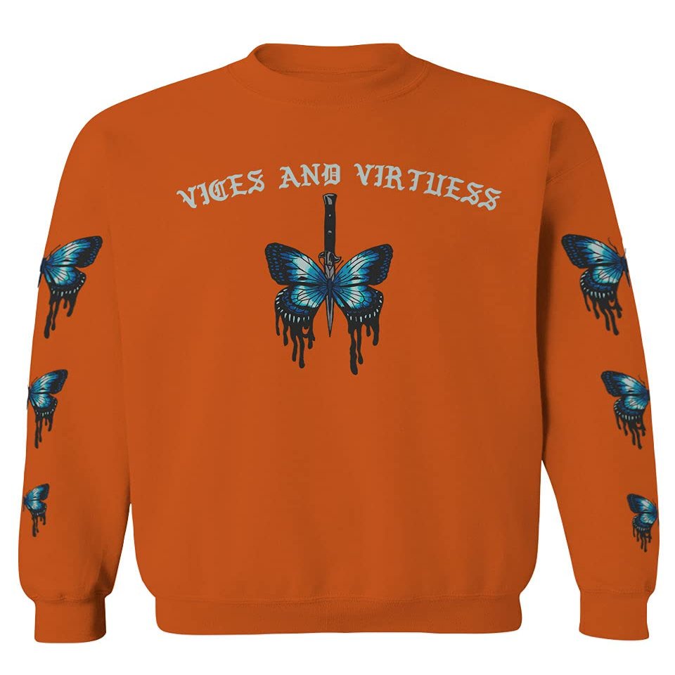 0415. Aesthetics Summer dope Print Blue Butterfly Knife Tattoo Streetwear Graphic Men's Crewneck Sweatshirt (Orange Medium)