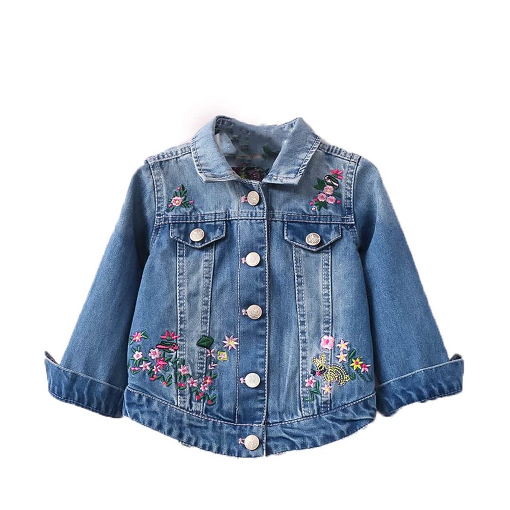 Autumn Girls Denim Jackets Coats Embroidered Flowers Lapel Cowboy Coat Denim Jacket for Baby Girls Floral Jeans Outwear Blue 4T