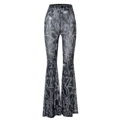 Womens High Waist Rave Mesh Sheer Pants Flared Bell Bottom Pants for Rave Festival Dance Clubwear