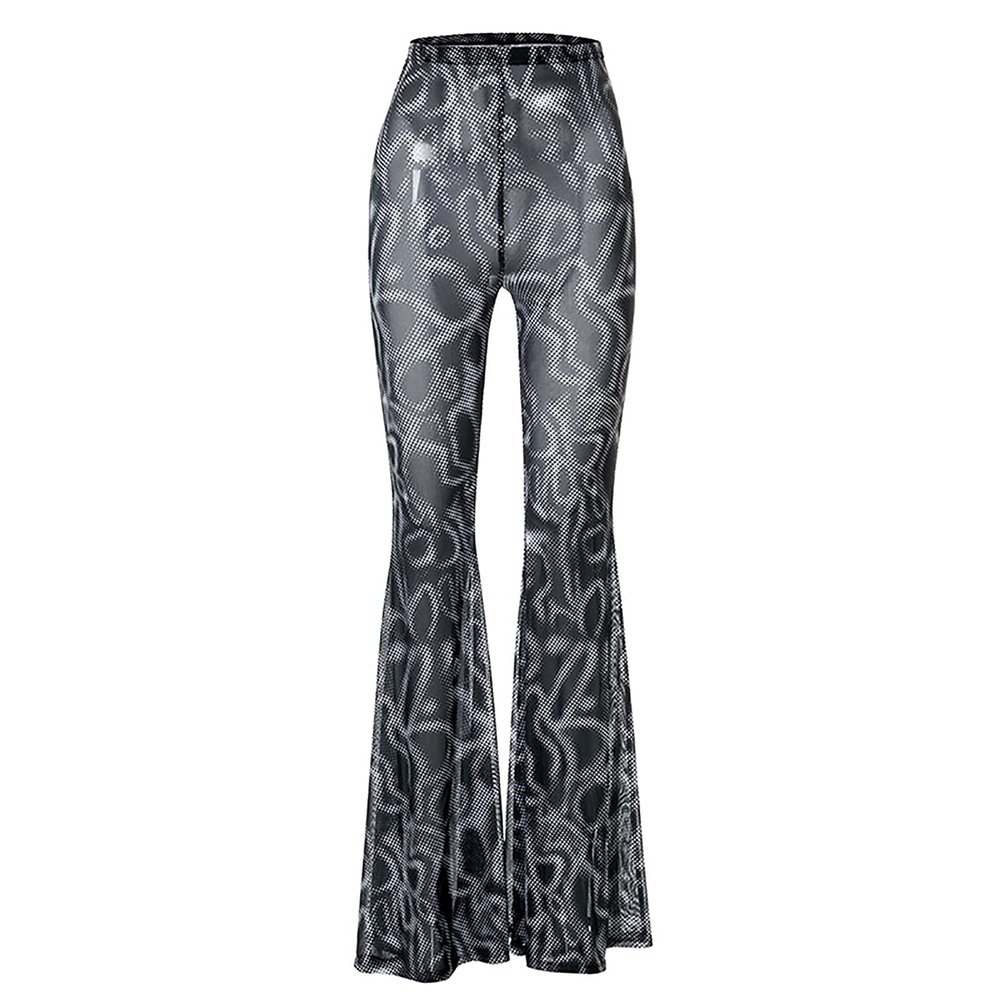 Womens High Waist Rave Mesh Sheer Pants Flared Bell Bottom Pants for Rave Festival Dance Clubwear