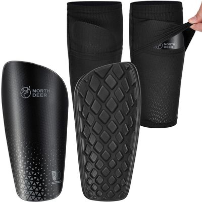 Soccer Shin Guards for Men incl. Sleeves with Optimized Insert Pocket - Protective Soccer Equipment for Kids Adults (Black XL)