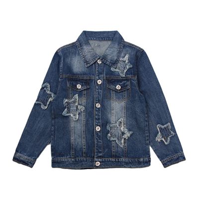 FLZS Spring and Autumn Casual Girls Denim Jackets Star Patchwork Children Jean Coats Wash Distressed Kids Outerwear Blue 10T