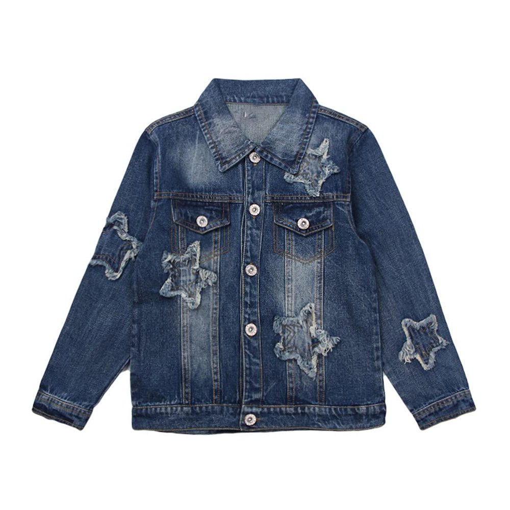 FLZS Spring and Autumn Casual Girls Denim Jackets Star Patchwork Children Jean Coats Wash Distressed Kids Outerwear Blue 10T