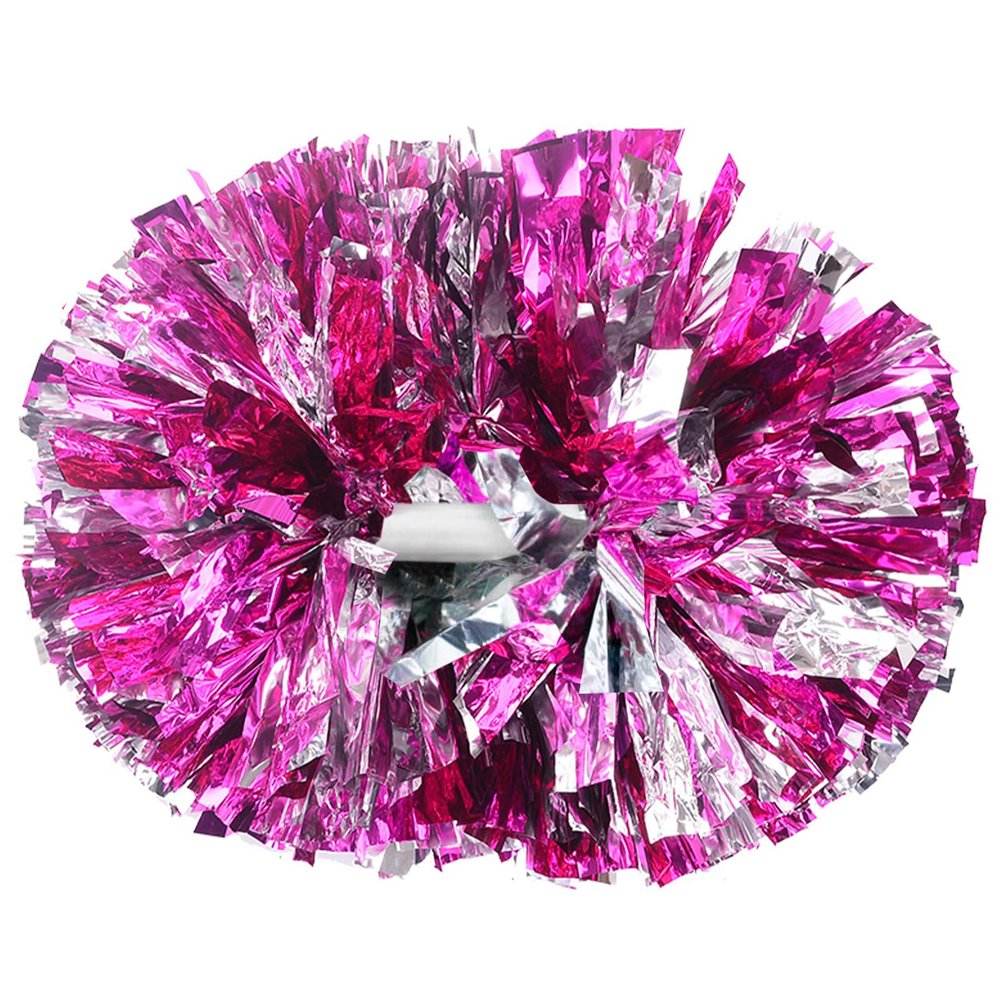2 Pack Cheerleading Pom Poms with Handle, Metallic Foil Cheer Pom Poms, Cheerleader Pom Poms for Sports Party Dance Team Cheering Squad Spirit Kids Adult, Rose and Silver