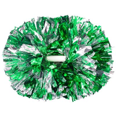 2 Pack Cheerleading Pom Poms with Handle, Metallic Foil Cheer Pom Poms, Cheerleader Pom Poms for Sports Party Dance Team Cheering Squad Spirit Kids Adult, Green and Silver