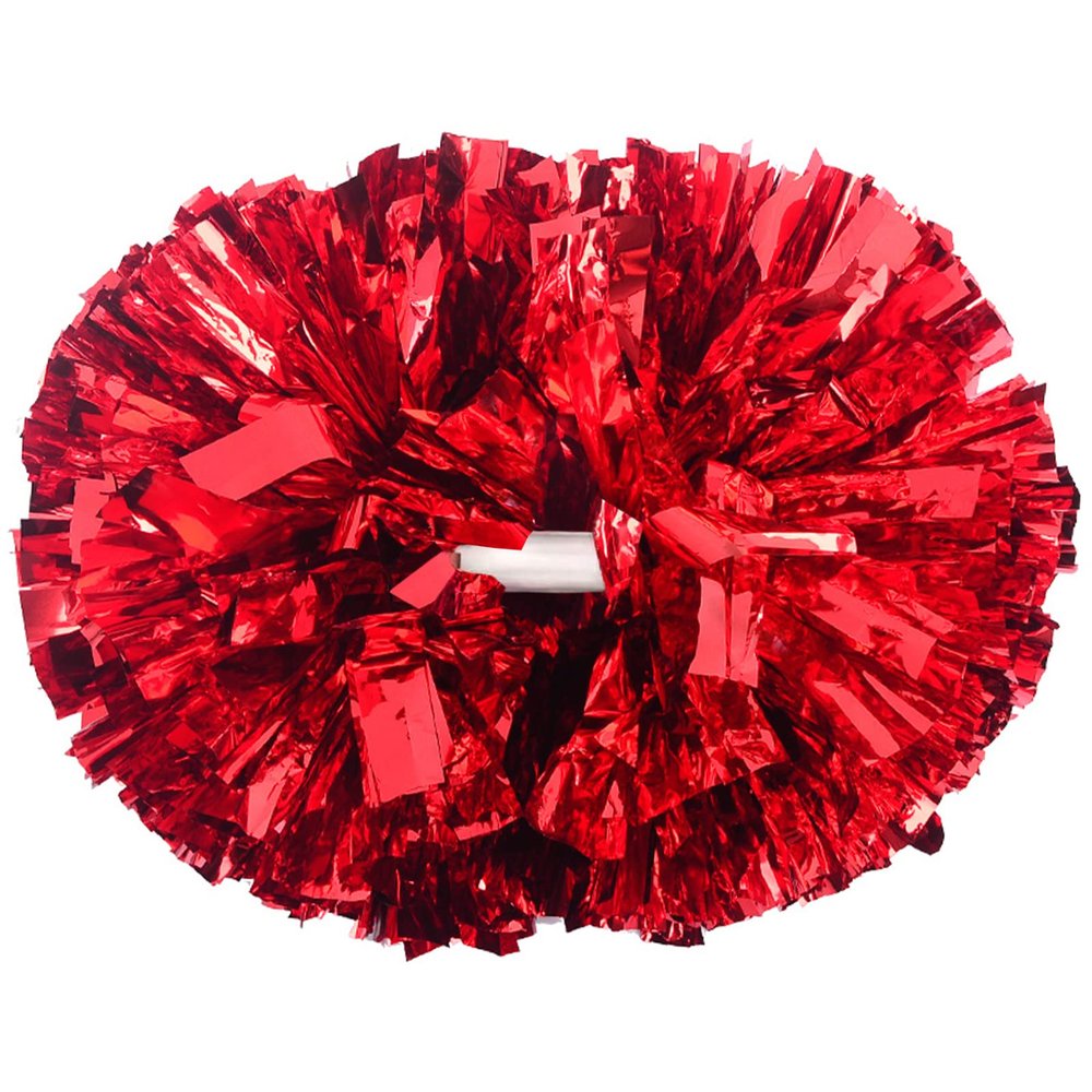 2 Pack Cheerleading Pom Poms with Handle, Metallic Foil Cheer Pom Poms, Cheerleader Pom Poms for Sports Party Dance Team Cheering Squad Spirit Kids Adult, Red