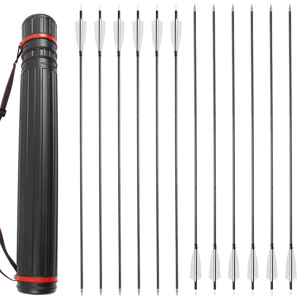 ZSHJGJR 34 Archery Carbon Arrows Hunting Arrows with 4 Turkey Feathers Targeting Practice Arrows Spine 400 for Compound & Recurve & Traditional Bow 6/12pcs (12pcs + Arrow Quiver, White)