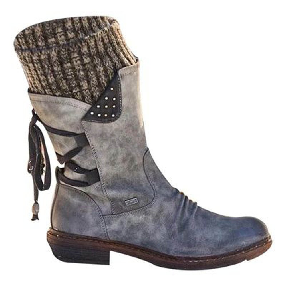 oiangi Womens Mid-calf Snow Boots Fashion Back Strap Woolen Yarn Elastic Round Toe Square Heel Slip-On Boots Winter Outdoor Warm Casual Shoes