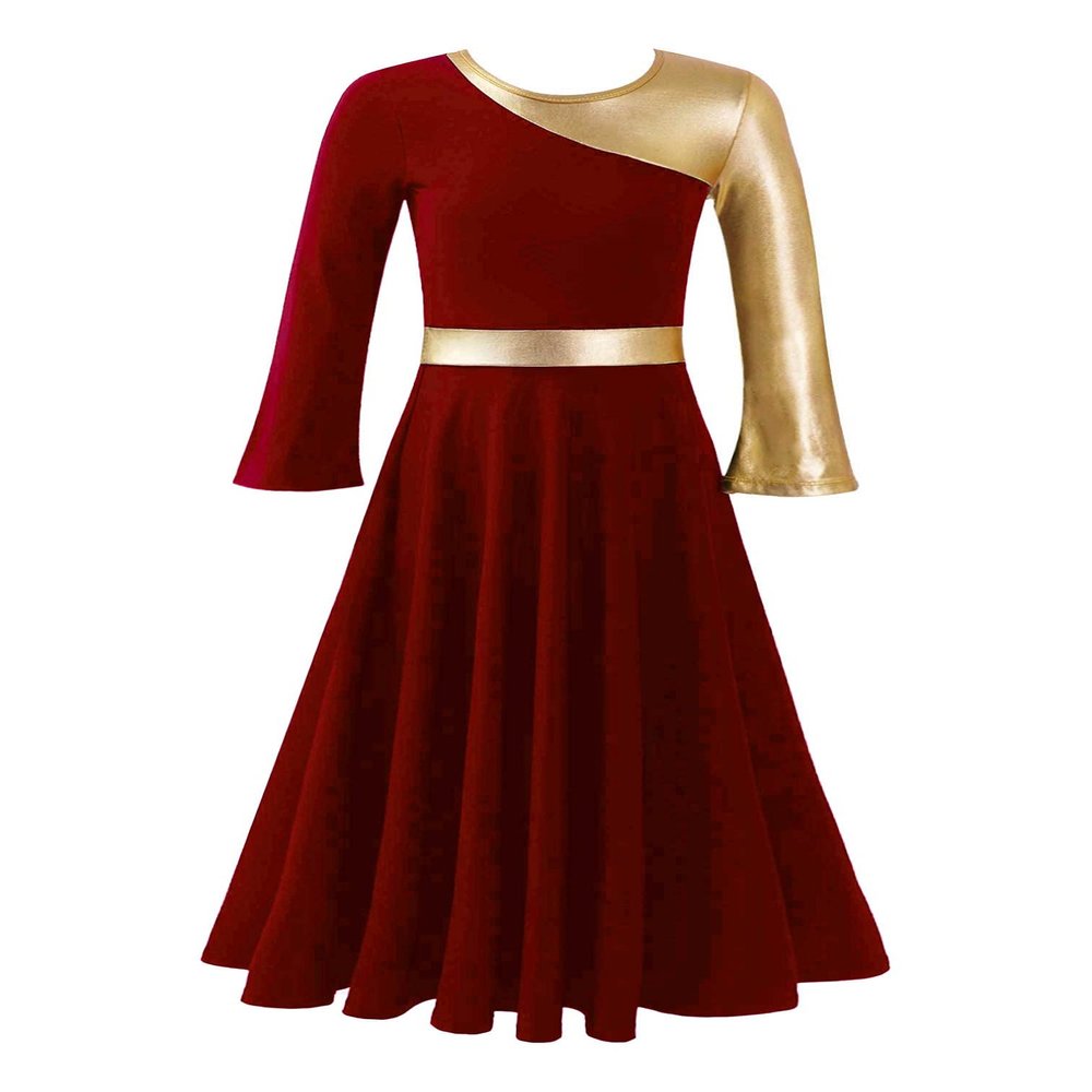 Agoky Kids Girls Metallic Praise Dance Dress Full Length Liturgical Worship Ruffle Hem Long Sleeve Lyrical Dancewear Red 8 Years