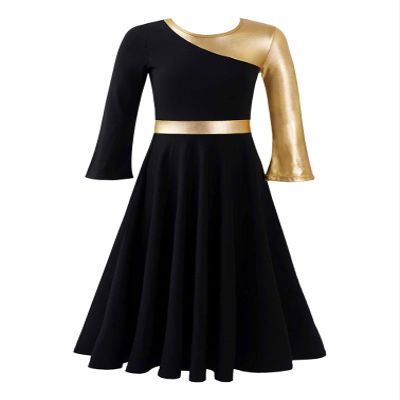 Agoky Kids Girls Metallic Praise Dance Dress Full Length Liturgical Worship Ruffle Hem Long Sleeve Lyrical Dancewear Black 8 Years