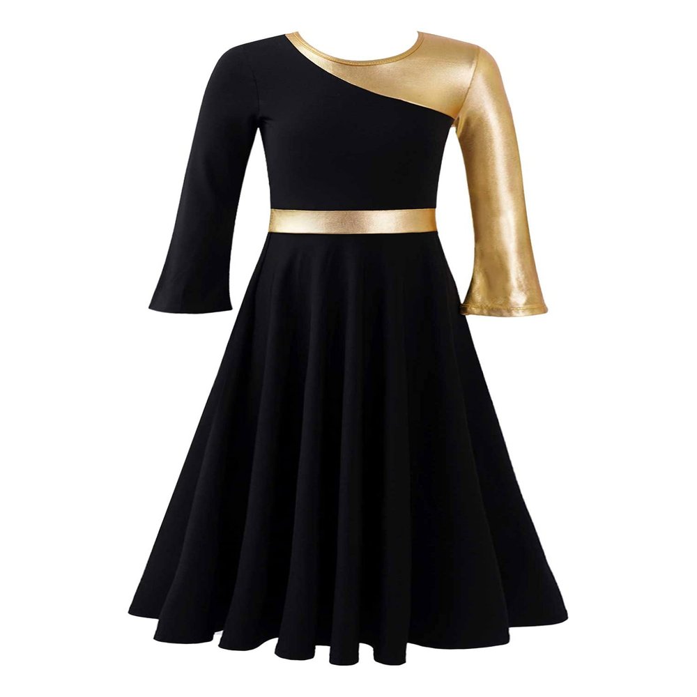 Agoky Kids Girls Metallic Praise Dance Dress Full Length Liturgical Worship Ruffle Hem Long Sleeve Lyrical Dancewear Black 8 Years