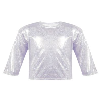 FEESHOW Kids Girls Shiny Metallic T-Shirt Long Sleeve Loose T-Shirt for Stage Performance Costume Jazz Hip Hop Dancewear Silver 7-8 Years