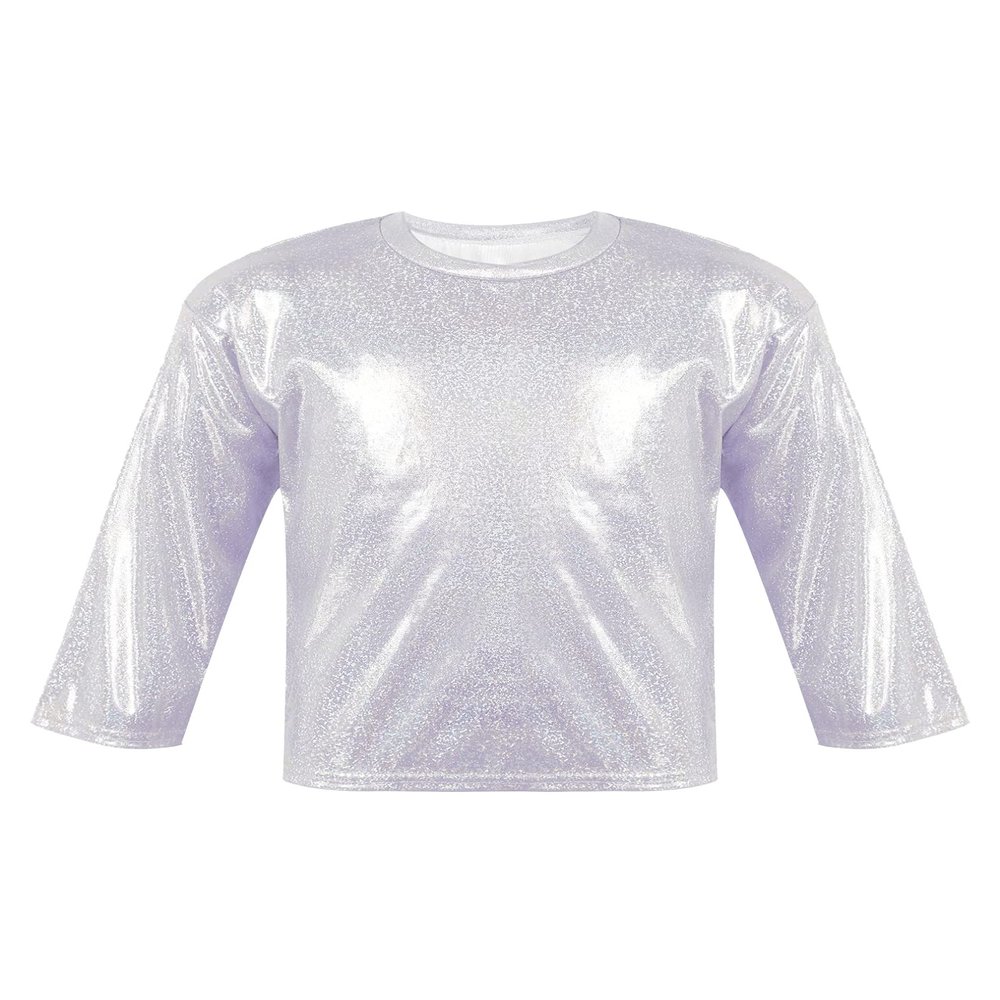 FEESHOW Kids Girls Shiny Metallic T-Shirt Long Sleeve Loose T-Shirt for Stage Performance Costume Jazz Hip Hop Dancewear Silver 7-8 Years