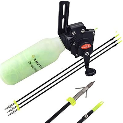 AMEYXGS 12 pcs Bowfishing Arrow and Bowfishing Reel Set Fishing Arrows with Broadheads and Safty Slides for Compound Bow and Recurve Bow Fishing Hunting (PRO Arrow+Reel)