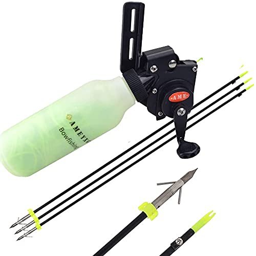 AMEYXGS 12 pcs Bowfishing Arrow and Bowfishing Reel Set Fishing Arrows with Broadheads and Safty Slides for Compound Bow and Recurve Bow Fishing Hunting (PRO Arrow+Reel)
