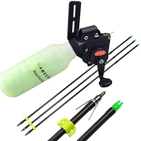 AMEYXGS 12 pcs Bowfishing Arrow and Bowfishing Reel Set Fishing Arrows with Broadheads and Safty Slides for Compound Bow and Recurve Bow Fishing Hunting (Black Arrow+Reel)