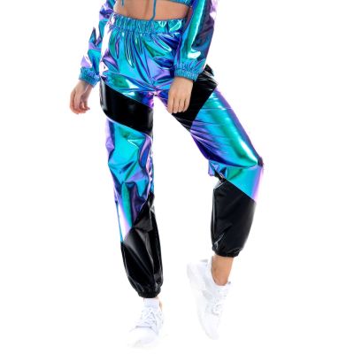 Metallic Pants Streetwear Women Shiny Jogger Rave Pants Casual High Waisted Harem Pant Punk Holographic Hip Hop Sweatpant Disco Dance Hip Hop Leggings Wet Look Club Wear Holographic Blue Large