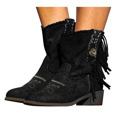 Bcshiye Women's Casual Ankle Boots Flat Winter Chunky Heel Fringed Western Boots Pointed Toe Anckle Boots Riding Boots