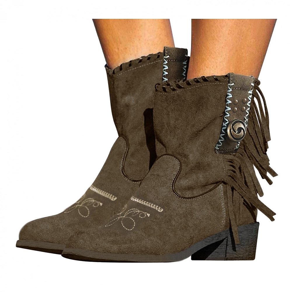 Bcshiye Women's Casual Ankle Boots Flat Winter Chunky Heel Fringed Western Boots Pointed Toe Anckle Boots Riding Boots