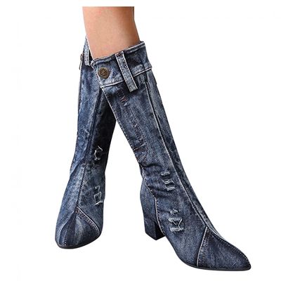 Bcshiye Women's Denim Thigh High Pointy Toe Chunky Heel Boots Side Zipper Knee High Denim Boots Cowboy Boots for Women