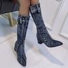 Bcshiye Women's Denim Thigh High Pointy Toe Chunky Heel Boots Side Zipper Knee High Denim Boots Cowboy Boots for Women view 2