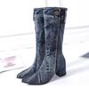 Bcshiye Women's Denim Thigh High Pointy Toe Chunky Heel Boots Side Zipper Knee High Denim Boots Cowboy Boots for Women view 3