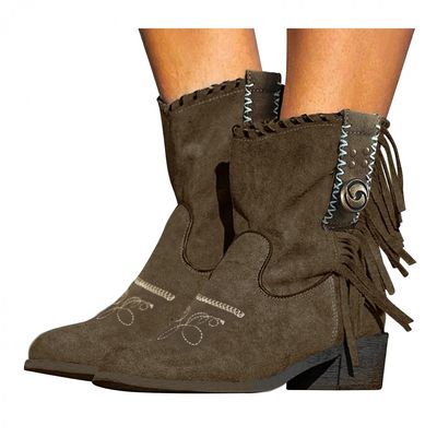 Bcshiye Women's Casual Ankle Boots Flat Winter Chunky Heel Fringed Western Boots Pointed Toe Anckle Boots Riding Boots