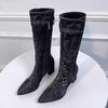 Bcshiye Women's Denim Thigh High Pointy Toe Chunky Heel Boots Side Zipper Knee High Denim Boots Cowboy Boots for Women view 4