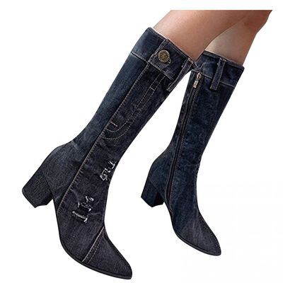 Bcshiye Women's Denim Thigh High Pointy Toe Chunky Heel Boots Side Zipper Knee High Denim Boots Cowboy Boots for Women